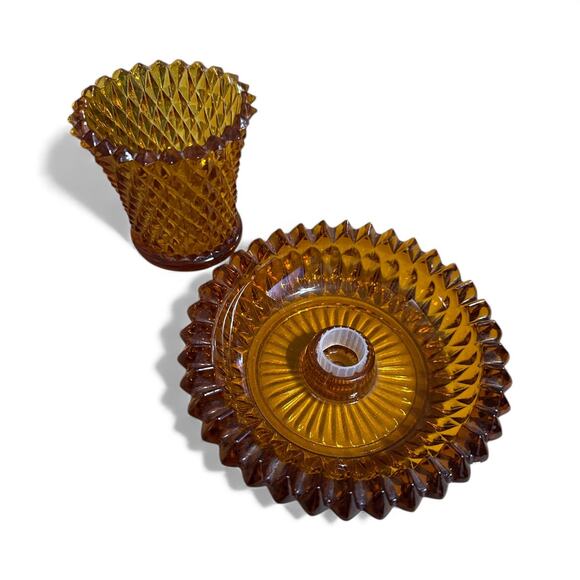MCM Amber Indiana Glass Diamond Point 2pc Candle Holder - Picture 2 of 3